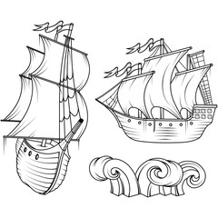 Obraz premium Sailing Ship. Retro Cargo Ship. Sailing ship. Sailing boat logo. Sea company vector logo design template. Color vector illustration