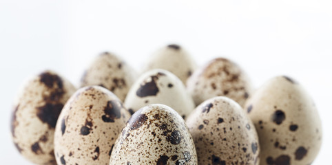 Obraz premium Preparation for the celebration of Easter. A set of quail eggs on a white background of eggs photographed close-up. Dietary food.