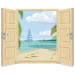 Open doors and beach landscape with a sailboat. Realistic wooden door.