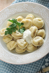 Dumplings homemade in a deep dish with parsley and sour cream. Under the plate is a cloth napkin. View from above. Close-up. Vertical orientation. Macro photography.