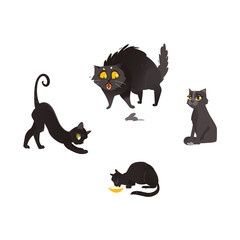 Vector cartoon black cat animals set. Funny flat domestic pets in different poses drinking cat bowl hunting stretching. Cute character halloween holiday symbol. Isolated illustration white background