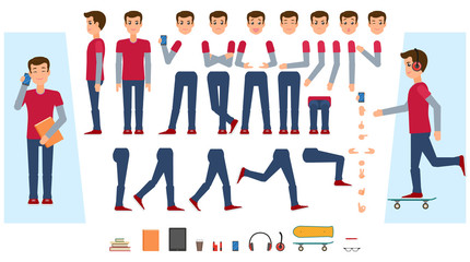 Vector animated young man character. Male teenager creation set front, side view, various items phone, skateboard, workbooks, vape, tablet. Different poses, emotions, gestures Isolated illustration