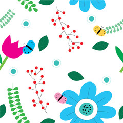 colorful flowers and colorful butterflies and green leaves in the garden seamless pattern vector.