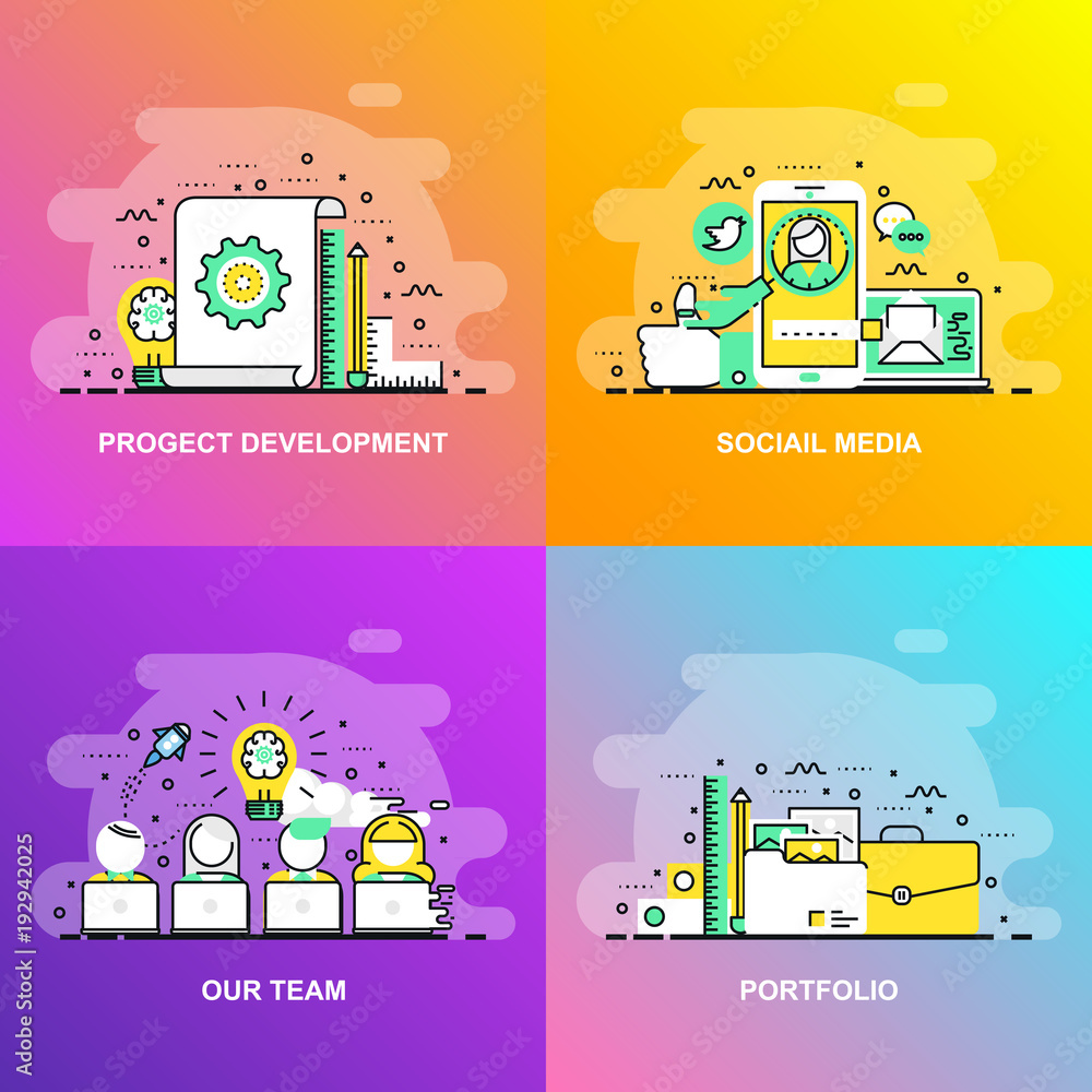 Poster modern smooth gradient flat line concept web banner of social media, our team, portfolio and project
