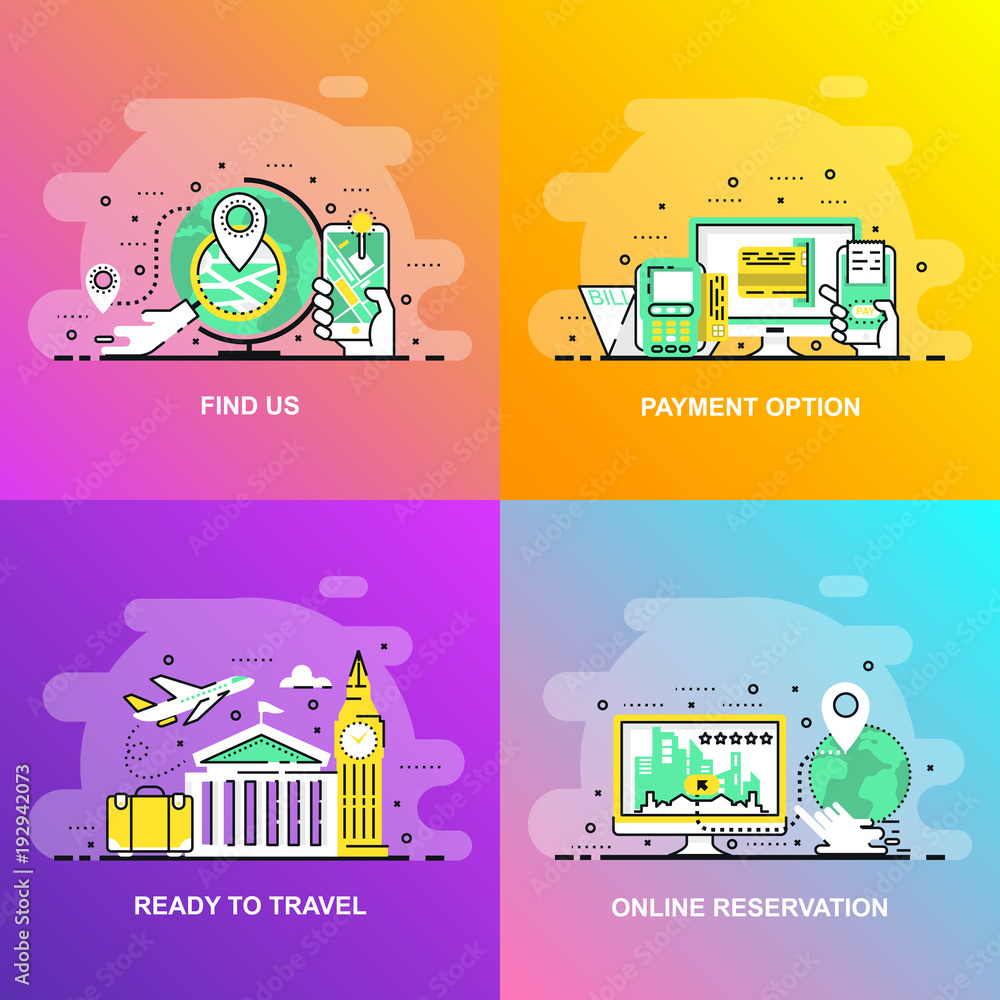 Aufkleber modern smooth gradient flat line concept web banner of find us, online reservation, payment option a