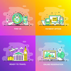 Modern smooth gradient flat line concept web banner of Find us, Online Reservation, Payment Option and Ready to Travel. Conceptual vector illustration for web design, marketing, and graphic design.