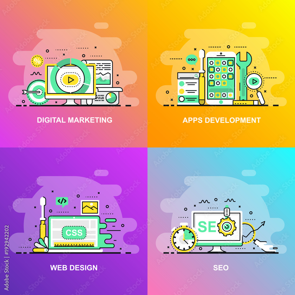Leinwandbilder modern smooth gradient flat line concept web banner of seo, web design, apps development and digital