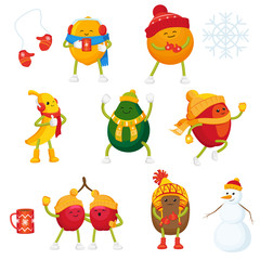Naklejka premium Vector cartoon winter fruit active characters and symbols set. Funny orange, apple, lemon, banana, cherry, kiwi and avocado in outdoor clothing, cup of hot beverage, snowman, mittens, snowflake