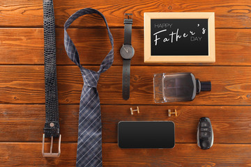 Essentials fashion man objects on wooden background
