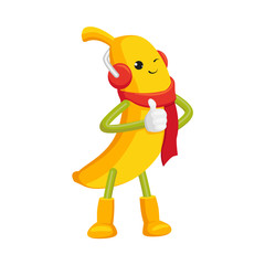 Funny cartoon banana character with human face wearing winter clothes, showing thumb up, vector illustration isolated on white background. Smiling cartoon banana character in winter clothes