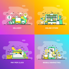 Fototapeta premium Modern smooth gradient flat line concept web banner of Online Store, Pay Per Click, Mobile Marketing and Delivery. Conceptual vector illustration for web design, marketing, and graphic design.
