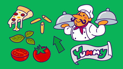 chef cartoon with pizza and food icon set