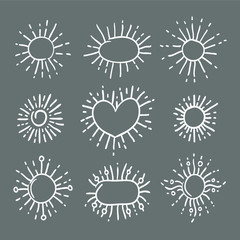 Set of linear drawing of rays of the sun in vintage style. Oval elements, round stickers sunbursts. Graphic illustration for web design