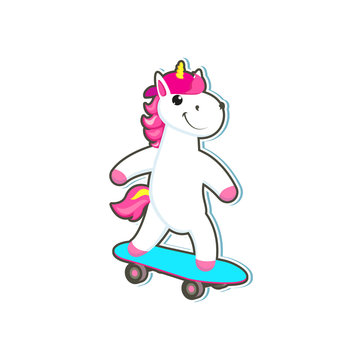 Vector cartoon funny happy stylized unicorn skateboarding on blue skate with colorful hair and pink horn. Fairy mysterious creature, isolated illustration on a white background