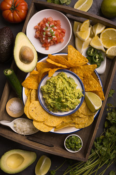 Close up of guacamole snack served with nachos