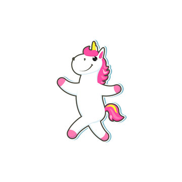 Vector cartoon funny happy stylized unicorn walking on hind legs with colorful hair and pink horn. Fairy mysterious creature, isolated illustration on a white background