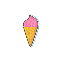 Vector flat waffle cone with vanila pink cherry cream icon. Icecream dessert, sweet tasty food isolated illustration on a white background