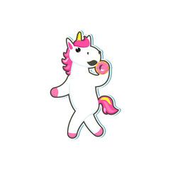 Obraz na płótnie Canvas Vector cartoon funny happy stylized unicorn walking on hind legs eating doughnut with colorful hair and pink horn. Fairy mysterious creature, isolated illustration on a white background