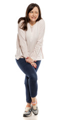 young woman need a toilet on white background