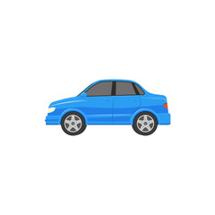 vector flat cartoon funny stilyzed blue colored sedan car front view. Isolated illustration on a white background. Road motor vehicle transport.