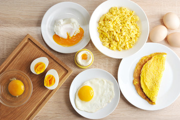 Various ways of cooking chicken eggs. Omelette, poached, soft-boiled, hard-boiled, fried, scrambled...