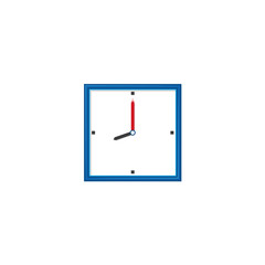 vector flat analog wall mounted simple modern square white colored clock with blue frame icon for your design. Isolated illustration on a white background.