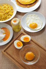 Different  ways of cooking chicken eggs. Omelette, poached, soft-boiled, hard-boiled, fried,...
