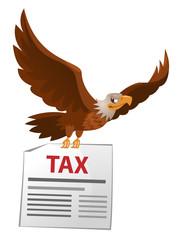 Flying  American eagle holds tax letter. Cartoon styled vector illustration. Elements is grouped. On white background. No transparent objects.