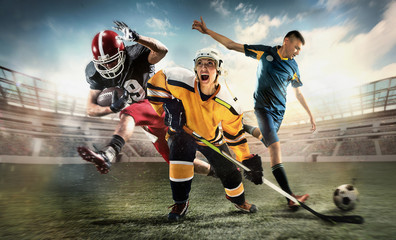 Plakat Multi sports collage about ice hockey, soccer and American football screaming players at stadium