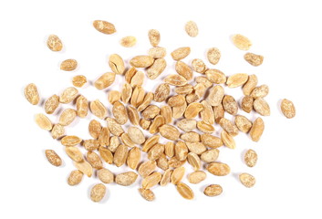 Salted and marinated peanuts, pile isolated on white, top view