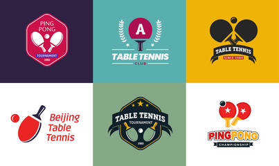 Set of vintage color table tennis logos and badges. Collection of the ping pong championship labels.