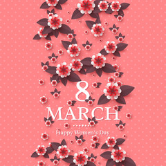 March 8 greeting card for International Womans Day. Paper cut flowers, holiday background. Vector illustration.