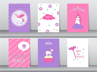 Set of cute fantasy poster,template,cards, unicorn,animals, Vector illustrations 