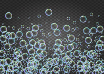 Shampoo bubbles on gradient background. Realistic water bubbles 3d. Cool liquid foam with shampoo bubbles. Horizontal cosmetic flyer and invite. Cleaning soap foam for bath and shower.