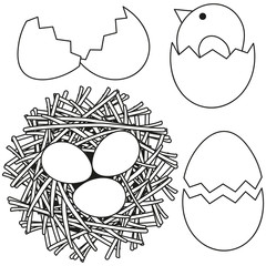 Line art black and white easter icon set chicken nest egg shell.
