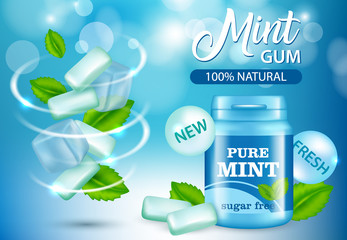 New pure mint and sugar free chewing gum ad, vector realistic illustration