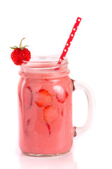 Obraz na płótnie Canvas Glass of strawberry yogurt or smoothie isolated on white background