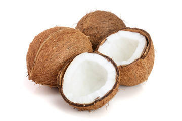 whole coconut and half isolated on white background