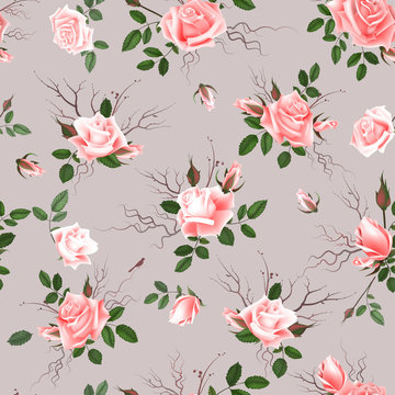 Vintage Floral Seamless Background with Blooming pink Roses, Vector Illustration © artabramova