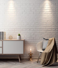 Mockup Poster in the interior, 3D illustration of a modern design with white brick wall