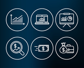 Set of Money transfer, Presentation and Graph icons. Online statistics, Currency audit and Salary signs. Cash delivery, Board with charts, Presentation diagram. Computer data, Money chart. Vector