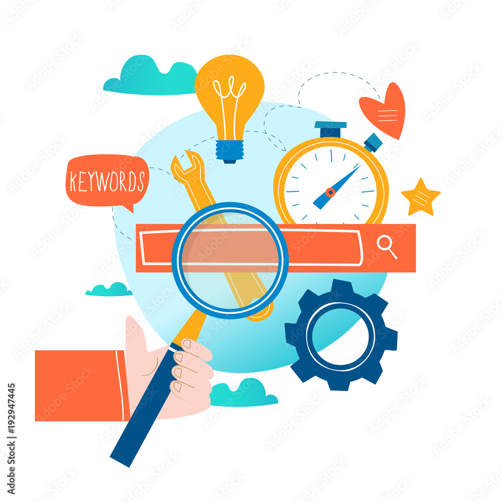 Poster seo, search engine optimization, keyword research, market research flat vector illustration. seo con