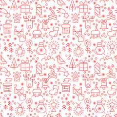 Christmas line icons, seamless pattern background. Christmas and New Years Greeting Card. Vector illustration for postcards, calendars, posters, prints, web, banners.