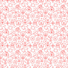 Christmas line icons, seamless pattern background. Christmas and New Years Greeting Card. Vector illustration for postcards, calendars, posters, prints, web, banners.