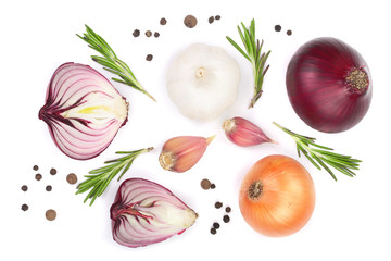 red onions, garlic with rosemary and peppercorns isolated on a white background. Top view. Flat lay