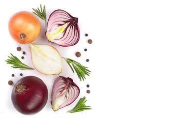 red onions with rosemary and peppercorns isolated on white background with copy space for your text. Top view. Flat lay
