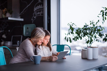 A small girl and grandmother with tablet at home.