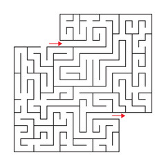 Vector square maze with entrance and exit. Black and white drawing with red arrows.