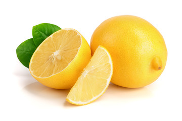 lemon and slice with leaf isolated on white background