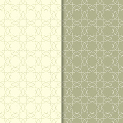 Olive green geometric ornaments. Set of seamless patterns